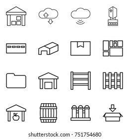 thin line icon set : warehouse, cloude service, cloud wireless, crystall memory, bunker, package box, consolidated cargo, documents, rack, pallet, barrel, grain elevator