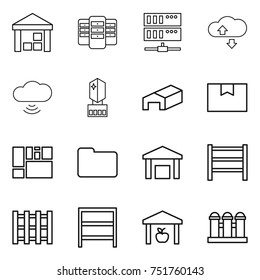thin line icon set : warehouse, server, cloude service, cloud wireless, crystall memory, package box, consolidated cargo, documents, rack, pallet, grain elevator