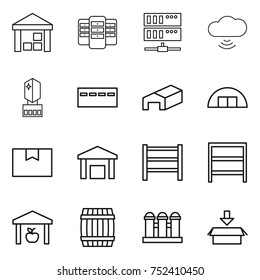 thin line icon set : warehouse, server, cloud wireless, crystall memory, bunker, hangare, package box, rack, barrel, grain elevator