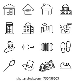 thin line icon set : warehouse, wireless home, cottage, building, city, architector, real estate, key, radiator, slippers, duster, floor washing, outsource, iron