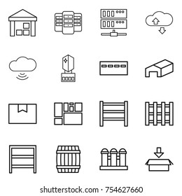 thin line icon set : warehouse, server, cloude service, cloud wireless, crystall memory, bunker, package box, consolidated cargo, rack, pallet, barrel, grain elevator