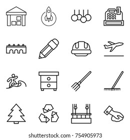 thin line icon set : warehouse, rocket, sale, cashbox, bridge, pencil, building helmet, departure, surfer, nightstand, fork, rake, spruce, recycling, skysrcapers cleaning, wiping