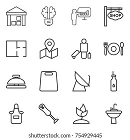 thin line icon set : warehouse, bulb brain, presentation, shop signboard, plan, map, passenger, cafe, service bell, cutting board, satellite antenna, vegetable oil, apron, blender, sprouting