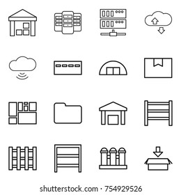 thin line icon set : warehouse, server, cloude service, cloud wireless, bunker, hangare, package box, consolidated cargo, documents, rack, pallet, grain elevator