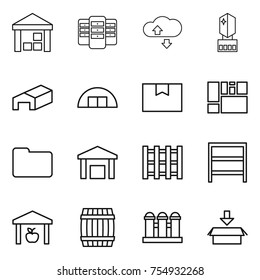 thin line icon set : warehouse, server, cloude service, crystall memory, hangare, package box, consolidated cargo, documents, pallet, rack, barrel, grain elevator