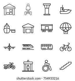thin line icon set : warehouse, hoverboard, airport tower, sea shipping, port, railroad, parachute delivery, plane, train, bus, bike, motorcycle, detector, invalid, stairs
