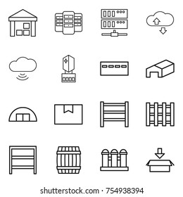 thin line icon set : warehouse, server, cloude service, cloud wireless, crystall memory, bunker, hangare, package box, rack, pallet, barrel, grain elevator