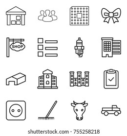 thin line icon set : warehouse, group, cpu, bow, shop signboard, list, spark plug, houses, building, palace, clipboard check, power socket, rake, cow, pickup