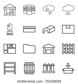 thin line icon set : warehouse, server, cloude service, cloud wireless, crystall memory, bunker, package box, consolidated cargo, documents, pallet, rack, barrel, grain elevator