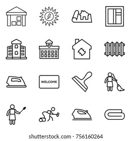 Thin line icon set : warehouse, sun power, project, window, building, university, smart house, radiator, iron, welcome mat, scraper, brooming, woman with duster, vacuum cleaner, towel