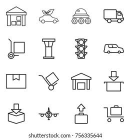 Thin line icon set : warehouse, eco car, lunar rover, delivery, cargo stoller, airport tower, traffic light, shipping, package box, trolley, plane, baggage