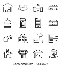 Thin line icon set : warehouse, group, castle, bridge, goverment house, building, skyscraper, airport, houses, factory, hotel, bungalow, antique column, housing
