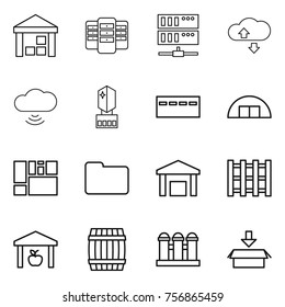 Thin line icon set : warehouse, server, cloude service, cloud wireless, crystall memory, bunker, hangare, consolidated cargo, documents, pallet, barrel, grain elevator, package