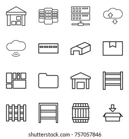 Thin line icon set : warehouse, server, cloude service, cloud wireless, bunker, package box, consolidated cargo, documents, rack, pallet, barrel Thin line icon set : warehouse, server, cloude service, cloud wireless, bunker, package box, consolidated cargo, documents, rack, pallet, barrel