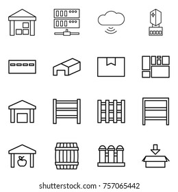 Thin line icon set : warehouse, server, cloud wireless, crystall memory, bunker, package box, consolidated cargo, rack, pallet, barrel, grain elevator