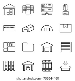 Thin line icon set : warehouse, server, crystall memory, bunker, hangare, package box, consolidated cargo, documents, rack, pallet, barrel