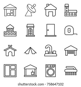 Thin line icon set : warehouse, satellite antenna, home, mansion, cottage, building, door, measuring tape, bungalow, tent, water tap, garage, window, utility room, washing machine, brush