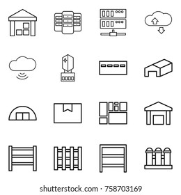 Thin line icon set : warehouse, server, cloude service, cloud wireless, crystall memory, bunker, hangare, package box, consolidated cargo, rack, pallet, grain elevator