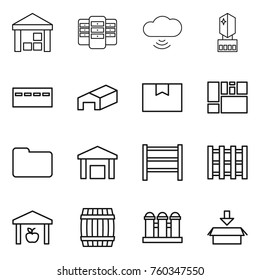 Thin line icon set : warehouse, server, cloud wireless, crystall memory, bunker, package box, consolidated cargo, documents, rack, pallet, barrel, grain elevator