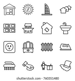 Thin line icon set : warehouse, sun power, skyscraper, houses, panel house, japanese, smart, sink, socket, dresser, radiator, iron, brush, wiping, kitchen cleaning, floor washing