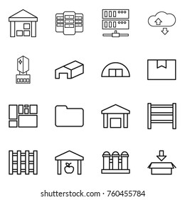 Thin line icon set : warehouse, server, cloude service, crystall memory, hangare, package box, consolidated cargo, documents, rack, pallet, grain elevator