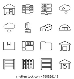 Thin line icon set : warehouse, server, cloude service, cloud wireless, crystall memory, hangare, package box, consolidated cargo, documents, rack, pallet