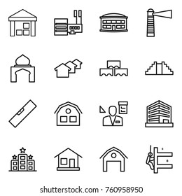 Thin line icon set : warehouse, mall, airport building, lighthouse, minaret, houses, block wall, pyramid, level, house, architector, office, hotel, home, barn, skyscrapers cleaning