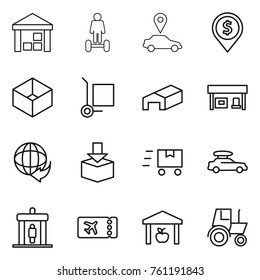 Thin line icon set : warehouse, hoverboard, car pointer, dollar pin, box, cargo stoller, gas station, delivery, package, fast deliver, baggage, detector, ticket, tractor