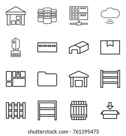 Thin line icon set : warehouse, server, cloud wireless, crystall memory, bunker, package box, consolidated cargo, documents, rack, pallet, barrel