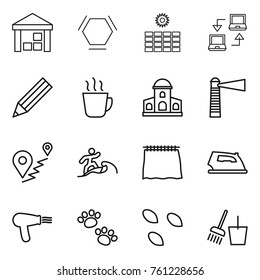 Thin line icon set : warehouse, hex molecule, sun power, notebook connect, pencil, hot drink, mansion, lighthouse, route, surfer, curtain, iron, hair dryer, pets, seeds, bucket and broom