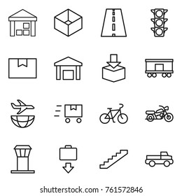 Thin line icon set : warehouse, box, road, traffic light, package, railroad shipping, plane, fast deliver, bike, motorcycle, airport tower, baggage get, stairs, pickup