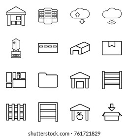 Thin line icon set : warehouse, server, cloude service, cloud wireless, crystall memory, bunker, package box, consolidated cargo, documents, rack, pallet