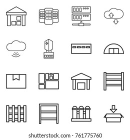 Thin line icon set : warehouse, server, cloude service, cloud wireless, crystall memory, bunker, hangare, package box, consolidated cargo, rack, pallet, grain elevator