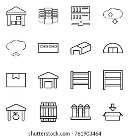 Thin line icon set : warehouse, server, cloude service, cloud wireless, bunker, hangare, package box, rack, barrel, grain elevator