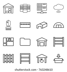 Thin line icon set : warehouse, server, cloud wireless, crystall memory, bunker, hangare, consolidated cargo, documents, rack, pallet, package