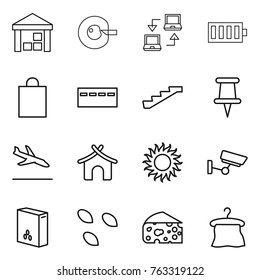 Thin line icon set : warehouse, cell corection, notebook connect, battery, shopping bag, bunker, stairs, pin, arrival, bungalow, sun, surveillance, cereals, seeds, cheese, hanger