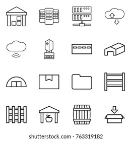 Thin line icon set : warehouse, server, cloud service, cloud wireless, crystall memory, bunker, hangare, package box, documents, rack, pallet, barrel