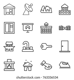 Thin line icon set : warehouse, satellite antenna, project, cottage, window, presentation, university, school, japanese house, water tap, key, door, fireplace, cleaning, wiping, iron