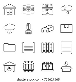 Thin line icon set : warehouse, server, cloude service, cloud wireless, crystall memory, package box, documents, rack, pallet, barrel, grain elevator