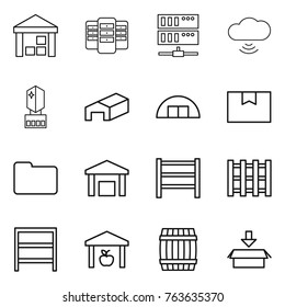 Thin line icon set : warehouse, server, cloud wireless, crystall memory, hangare, package box, documents, rack, pallet, barrel