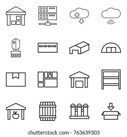 Thin line icon set : warehouse, server, cloude service, cloud wireless, crystall memory, bunker, hangare, package box, consolidated cargo, rack, barrel, grain elevator