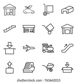 Thin line icon set : warehouse, eco car, cargo stoller, stairs, gas station, trolley, package, plane, train, escalator, baggage, cruise ship, wheelbarrow
