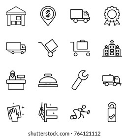 Thin line icon set : warehouse, dollar pin, delivery, medal, shipping, trolley, baggage, hotel, reception, service bell, wrench, sweeper, wiping, skyscrapers cleaning, vacuum cleaner, please clean