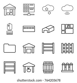 Thin line icon set : warehouse, server, cloude service, cloud wireless, crystall memory, bunker, consolidated cargo, documents, rack, pallet, barrel, grain elevator