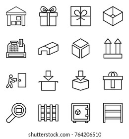 Thin line icon set : warehouse, gift, box, cashbox, 3d, cargo top sign, courier delivery, package, hi quality, search, pallet, safe, rack