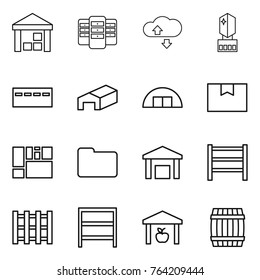 Thin line icon set : warehouse, server, cloude service, crystall memory, bunker, hangare, package box, consolidated cargo, documents, rack, pallet, barrel
