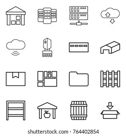 Thin line icon set : warehouse, server, cloude service, cloud wireless, crystall memory, bunker, package box, consolidated cargo, documents, pallet, rack, barrel