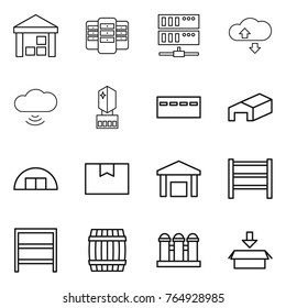 Thin line icon set : warehouse, server, cloude service, cloud wireless, crystall memory, bunker, hangare, package box, rack, barrel, grain elevator