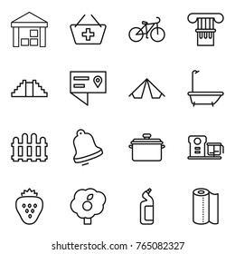 Thin line icon set : warehouse, add to basket, bike, column, pyramid, location details, tent, bath, fence, bell, pan, food processor, strawberry, garden, toilet cleanser, paper towel