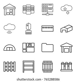 Thin line icon set : warehouse, server, cloude service, cloud wireless, crystall memory, bunker, hangare, consolidated cargo, documents, pallet, rack, barrel, grain elevator
